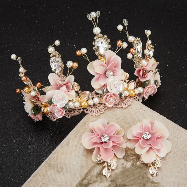 

Sweet pink yarb ceramic flower handmade beaded lace Baroque crown golden wedding hair headdress