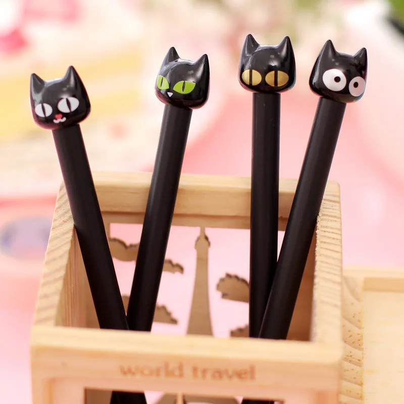 

4PCS/lot Novelty Black Cute Cat Head Gel Ink Pen Promotional Student Gift Stationery School Office Writing Pens Creative Stylus