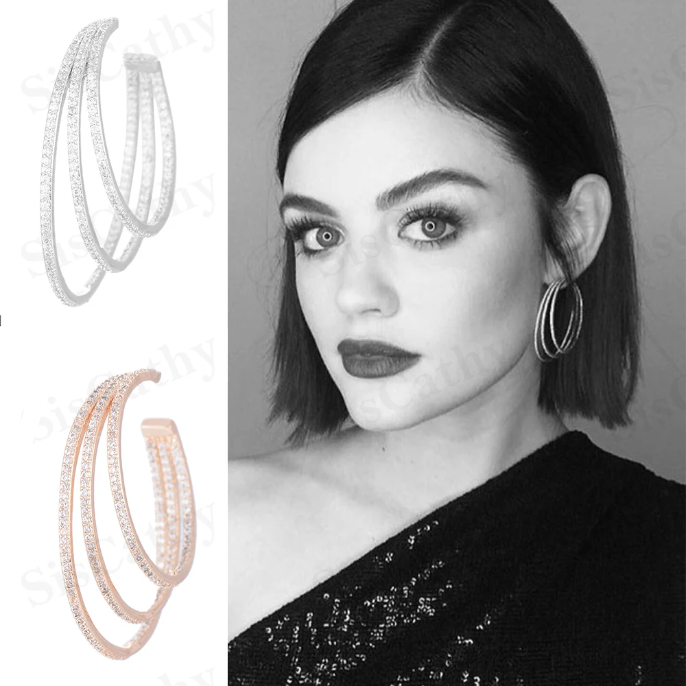 SISCATHY Big 3Rows Circle Full Mirco Paved Microl Cubic Zirconia Earrings For Women Bridal Dress Hoop Fashion Jewelry | Украшения и