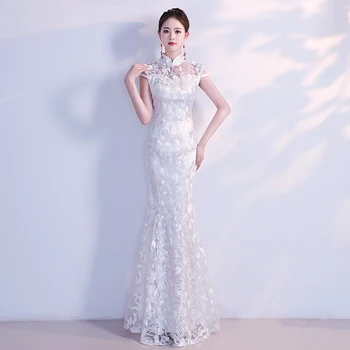 

White Floral Mermaid Dress Qipao Chinese Women Robe De Soiree Appliques Oversize 3xl Bride Wedding Dresses Vintage Cheongsam