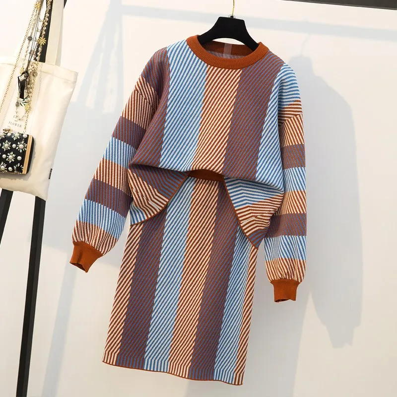 

Clearance Women 2 Pieces Knitted Sets Striped Knitted Sweater Pullovers+Skirts Suits women