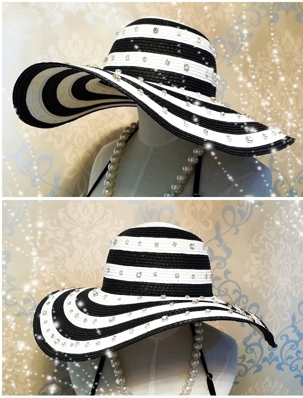 sparksoso Hepburn black and white striped hat manual flash diamond gem female beach large brimmed sun |