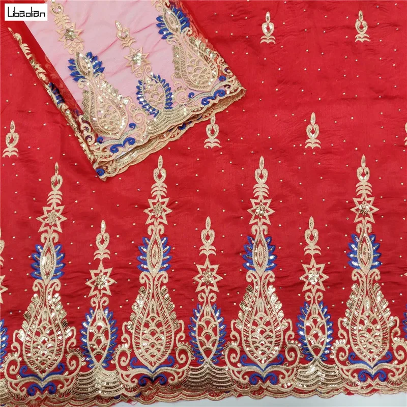 

Wedding Red George Lace Fabric 5+2yards/set Match French Tulle Net Lace With Full Rhinestones Latest For Party Dresses H97-1