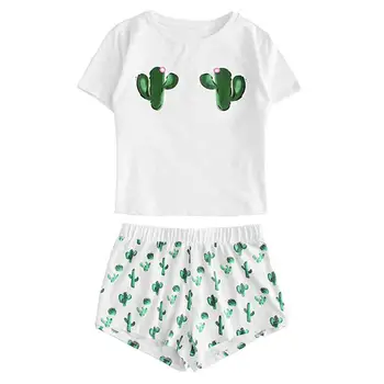 

Women's Cactus Printed Pajamas Set Cotton Girls Casual Shorts Short Sleeve Ruffled T-Shirt Sleepwear Nightwear Set pyjama femme