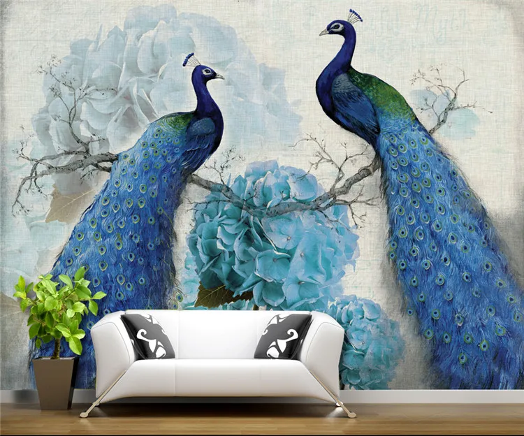 Фреска цветок синий ретро обои Гостиная диван обои ТВ задний план спальня обычай покрытия стен Павлин 3d