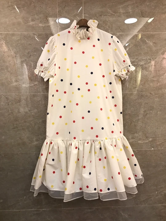 

2019 Summer New Woman Press Folded Ear Neck Wave Point Colour Lotus Leaf Edge Short Sleeve Dress 705