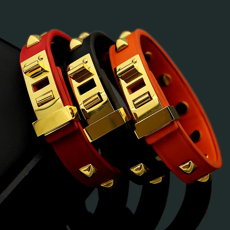 

New Fashion Luxury stainless steel Gold spike punk style Genuine black red leather bracelet Men Women party wedding jewelry