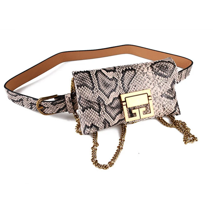 Модные брендовые стильные женские сумки на пояс, сумки из змеиной кожи, сумка через плечо на цепочке с клапаном - Цвет: Бежевый