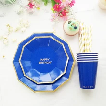 Темно-синий набор посуды тарелка чашка соломенная для мальчика 1 день рождения украшение бумажная посуда 16 тарелок 8 чашка 20 полосы из золотистой фольги соломинки