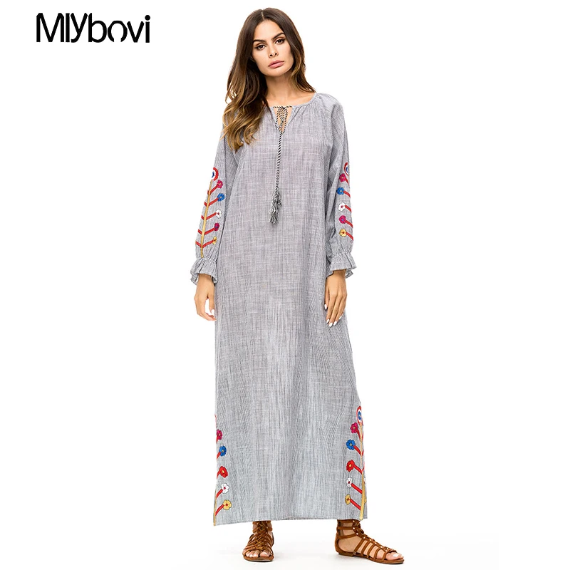 

Muslim Abaya Embroidery Women's Maxi Summer Dress Long Robe Arab Islamic Clothing Long Sleeve Cotton Full Length Dress 2018