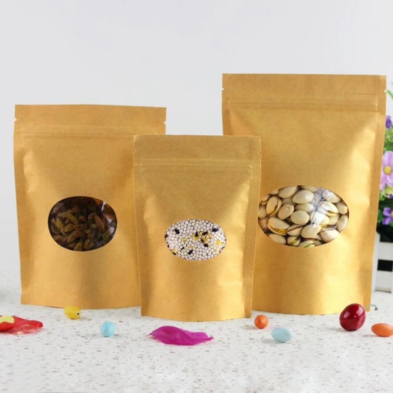 

100 Pcs Kraft Paper Bag Zip Lock,Stand-up Reusable Sealing Bag with Oval Window for Storing Cookie Dried Food Snack
