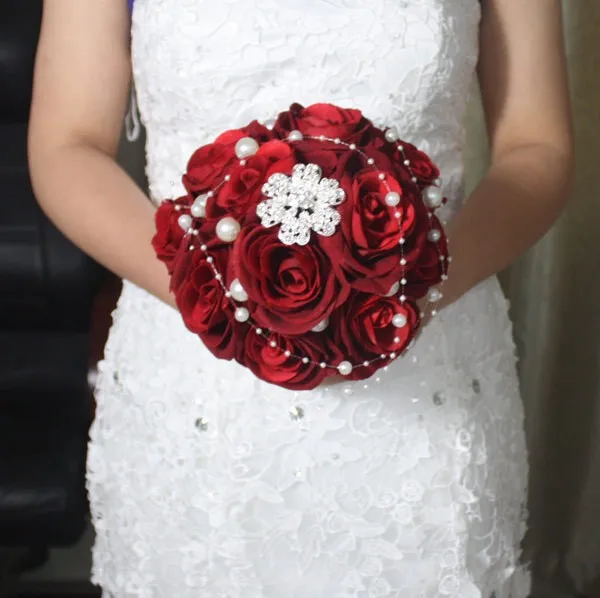 Красный свадебный букет ручной работы роза Жемчуг бриллианты невесты держа Цветок сувениры Свадебные цветы Букеты