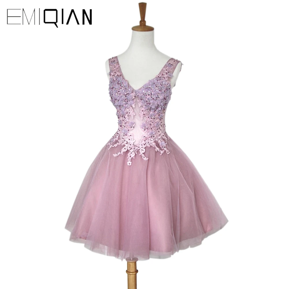 

Freeshipping Tank V Neck Short Prom Dress Applique Lace Mini Cocktail Dress