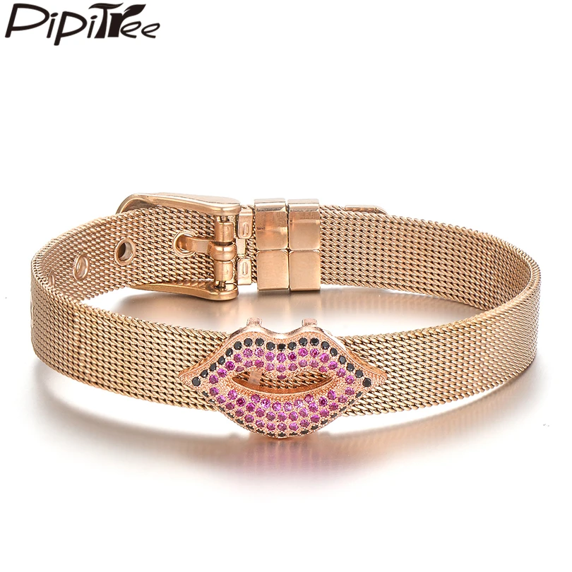 

Pipitree Pink Cubic Zirconia Lips Charm Bracelet Stainless Steel Mesh Chain Fashion Bracelets Bangles for Women Jewelry Pulsera