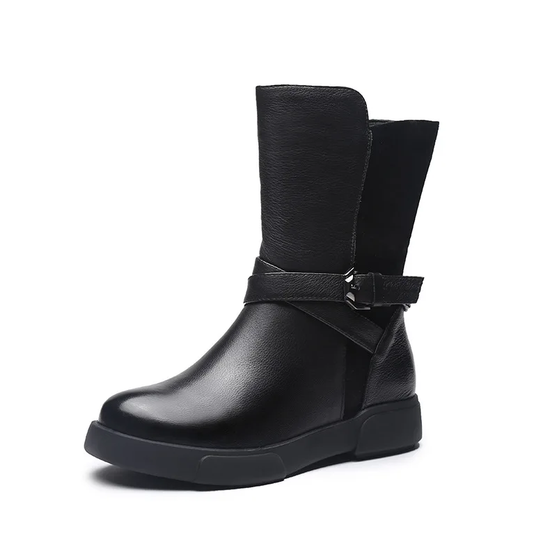 

6002-1 New Fashion Casual Women's Shoes Belt Buckle Martin Boot Soft Bottom Plus Velvet Handsome Cowhide Leather Boots