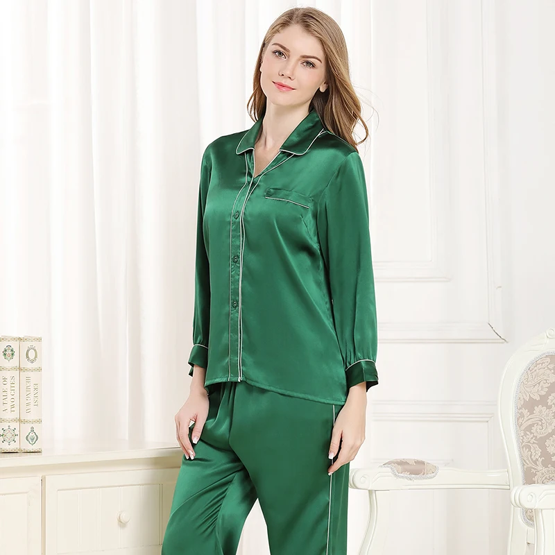 Otoño Women100 % de satén de seda conjuntos de pijama 2019 de manga larga de color sólido ropa de dormir conjunto de dos piezas de gran tamaño L-2XL pijamas de 4 colores - 6