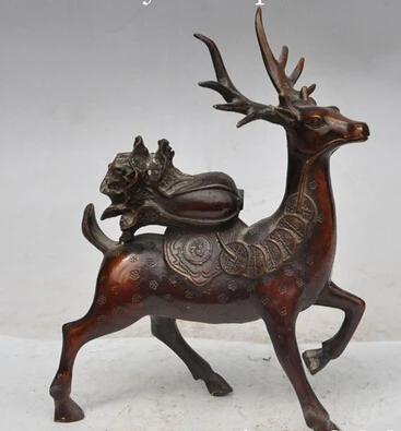 

huij 007892 9"China fengshui Bronze wealth money Sika deer cabbage auspicious lucky statue (A0314)