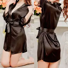 Новинка, сексуальная Женская атласная кружевная мягкая ночная рубашка, нижнее белье, ночная рубашка, Атласный халат черного цвета