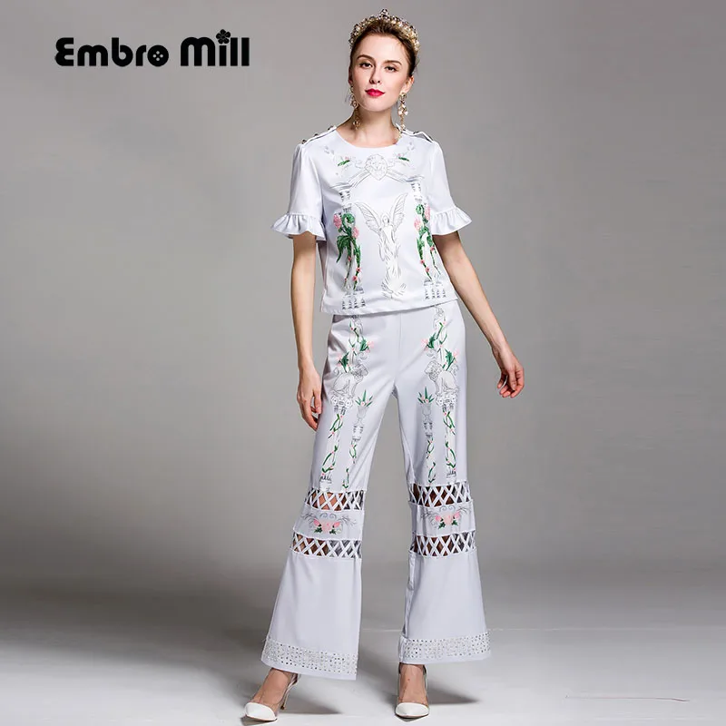 High end mulheres floral mulheres definir camisa da cópia do vintage top + completo comprimento calças ocos fora flores moda senhora 2 peças set S XL