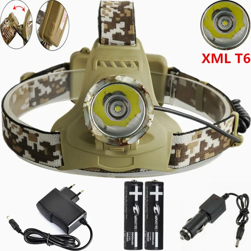 

Hot Rechargeable CREE XML T6 2000LM LED Headlamp Headlight +18650 Battery+AC/Car charger LED Head Light Lamp