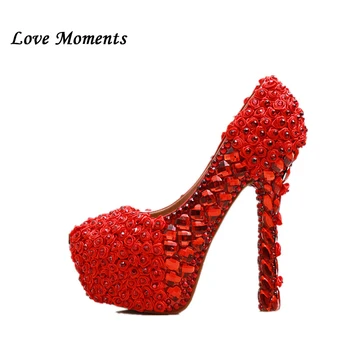 

Love Moments Red rhinestone Flower wedding shoes high heel crystal platform shoes bridal bridesmaid shoe Ladies High single shoe