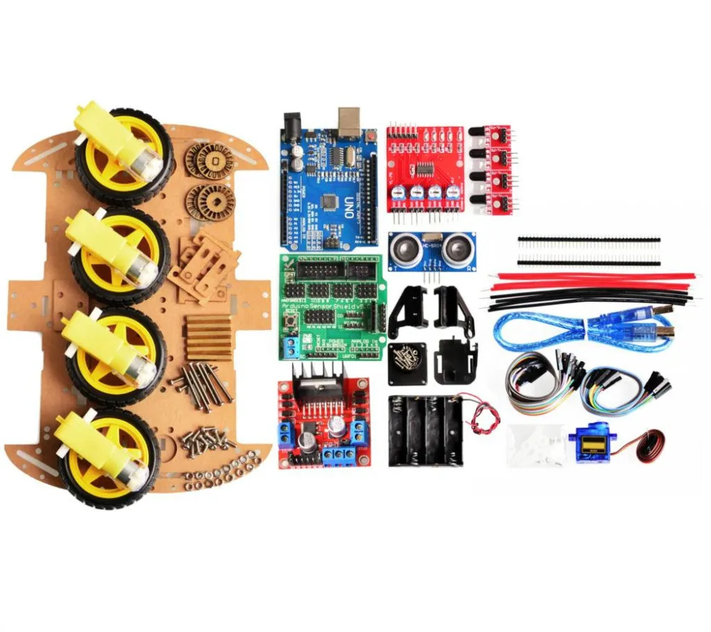 Comprar Nuevo Motor de seguimiento de evitación inteligente Robot Kit de chasis de coche codificador de velocidad caja de batería 4WD módulo ultrasónico para Arduino kit