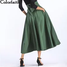 Colorfaith 2019 mujeres Slit largo Maxi falda Vintage señoras de moda acampanado plisado bolsillos de encaje Up Bow de talla grande falda 4xl SK8831