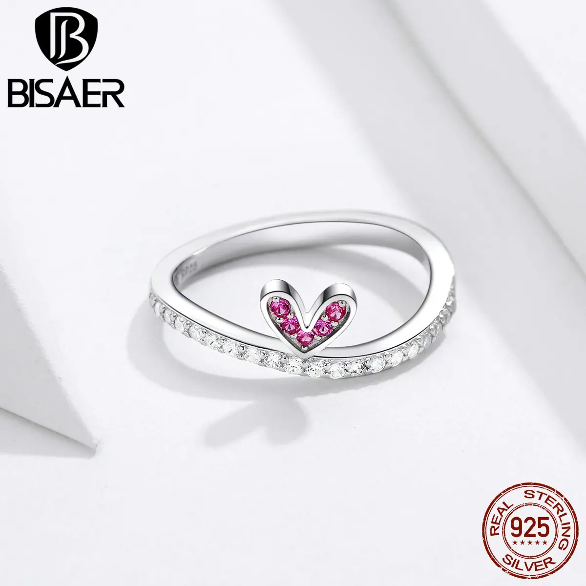 

BISAER Lovely 100% 925 Sterling Silver Cute Pinl Bunny Ears Finger Rings For Women Girls Trendy Jewelry Birthday Gifts GAR044