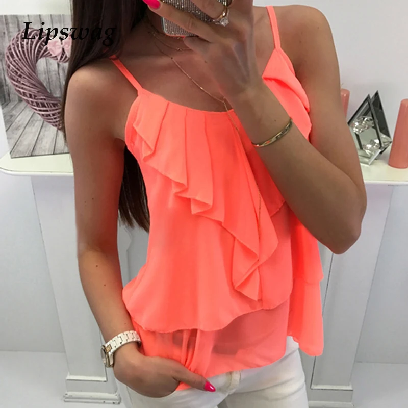 

Lipswag 5 Colors Summer Tiered Ruffles Chiffon Blouses Women Strap Solid Sleeveless Blouse Shirt Ladies Sexy backless Blusa Tops