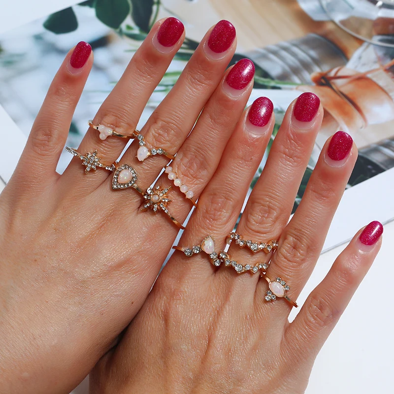 

Gold Fancy Rings Set For Women Vintage Heart Crystal Beads Finger Ring 2019 Knuckle Female Fashion Jewelry Wedding Gifts
