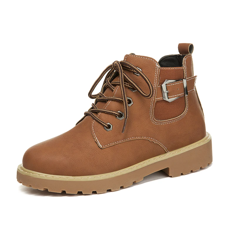 

Lucyever 2019 Spring PU Leather Women Work Boots Comfortable Low Heel Lace-up Ankle Boots Martin Cowboy Motorcycle Female Shoes
