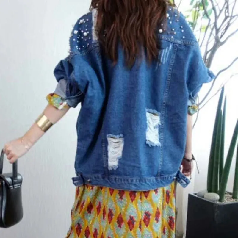 2019 Spring Women Single Breasted Ripped Jeans Jacket Long Sleeve Denim Jackets BF Style Casual Beading Hole Bomber Jackets