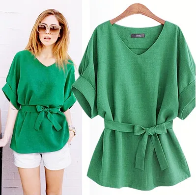 

2018 Summer Women Blouses Linen Tunic Shirt V Neck Big Bow Batwing Tie Loose Ladies Blouse Female Top For Tops