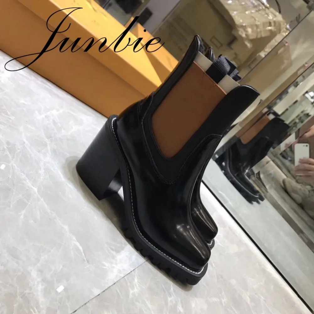 

JUNBIE Khaki Black Genuine Leather Square Toe Slip On Cool Boots Thick Heel Women Motorcycle Autumn Winter Boots Shoes Women