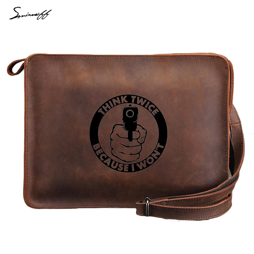 

Think Twice Because I Won't Men Messenger Bag Engraved Logo Gun ipad Bag Vintage Brown Leather Briefcase Male Handbag