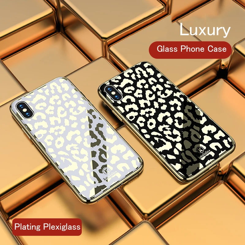 

Luxury Leopard Glass Phone Cover Case For iPhone X XR Xs Max Plating Hard Case For iPhone 8 7 6S 6 Plus Soft TPU Full Cover Case