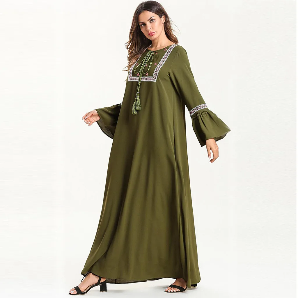 

ISHOWTIENDA Muslim Women Trumpet Sleeve Abaya Long Robes Maxi Dress Embroidery Abaya Jilbab Dresses Kaftan Jilbab Femme Musulman