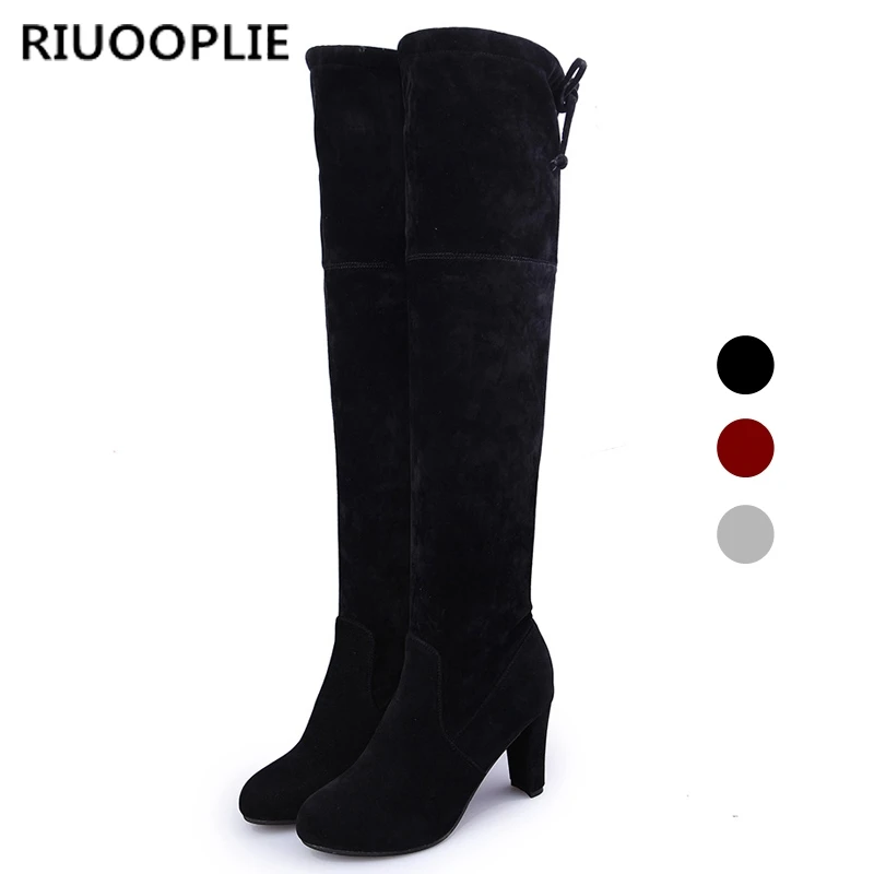 

RIUOOPLIE Women Boot Faux Suede Women Over The Knee Boots Lace Up Sexy High Heels Shoes Slim Thigh High Boots Botas 35-43