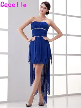 

Royal Blue Chiffon High Low Short Cocktail Dress With Ruched Bodice Ruffles Skirt Sheath Fitted Girls Party Dress Custom Made