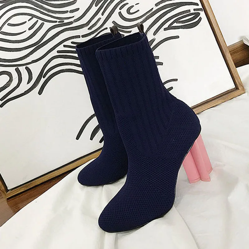 Bottes vert Chaussette Rond Bleu Chic Tricot Vert Femmes Haute Noir bleu Stretch Étrange Cheville Chaussures Talon Femme Bout 2018 XwUx8X