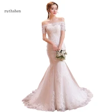 Ruthshen/Винтажные кружевные свадебные платья русалки с рукавами Robe De Mariee с открытыми плечами Свадебные платья из Китая