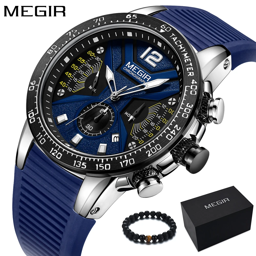 

MEGIR Fashion Big Dial Blue Watch Men Quartz Silicone Band Men Sports Watches Chronograph Wristwatch Mens relojes hombre 2019