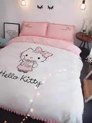 100% хлопок коробки Stye hello kitty вышитые 4 шт. постельное бельё белый набор пододеяльников для пуховых одеял розовый простыня Pollowcases King queen