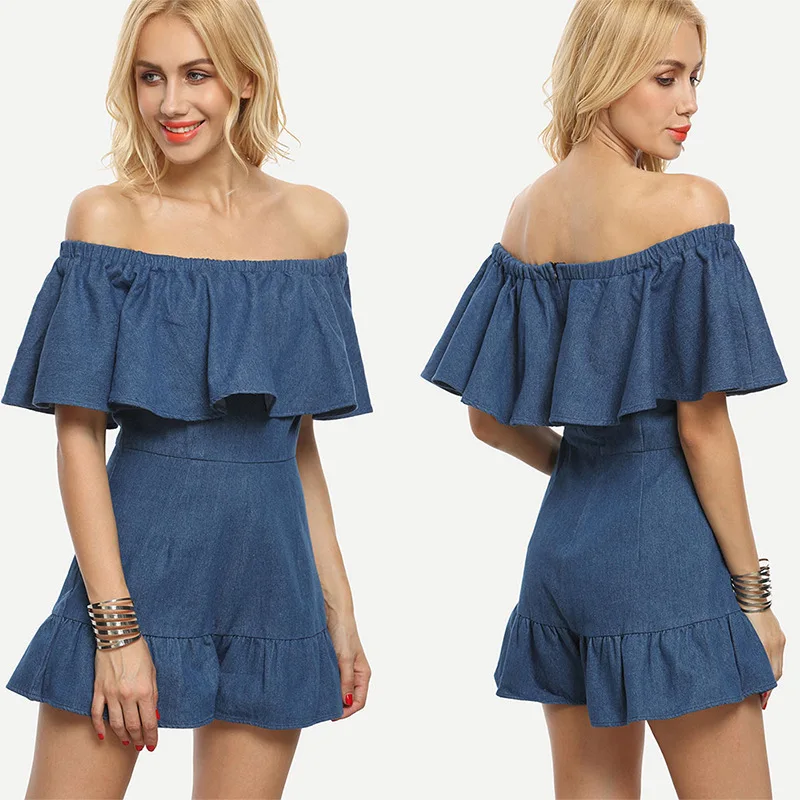 

Cotton Casual Regular Ruffles Jean Jumpsuits Woman Blue Slash Neck Solid 2019 Hot Sale Top Fashion Playsuits Time-limited
