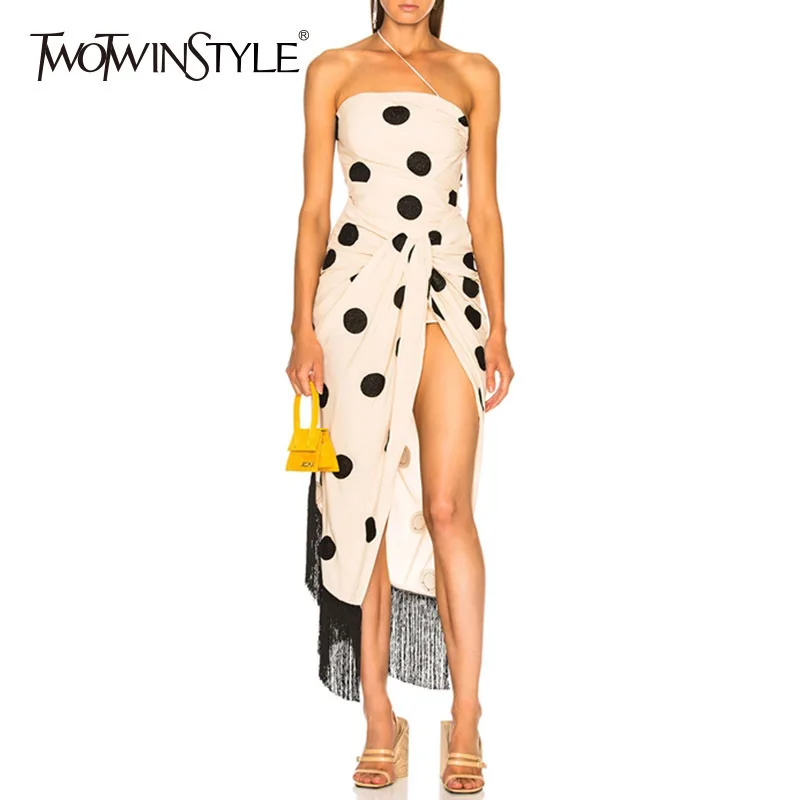 

TWOTWINSTYLE Women's Skirt Suits Female Dot Strapless Off Shoulder T Shirt Ruched High Waist Tassel Split Skirts Summer Sexy New