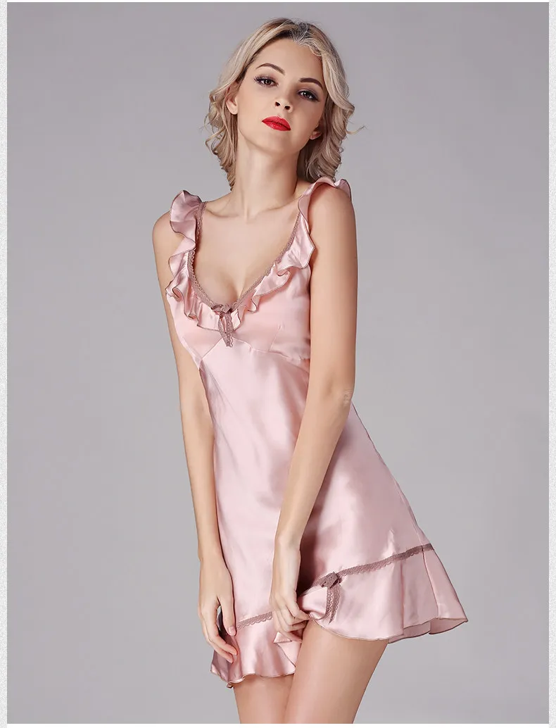 Шелковые ночные рубашки и ночные рубашки для женщин Лето сексуальная розовая ночная рубашка с оборками Женская летняя одежда для сна и отдыха размера плюс v-образный вырез