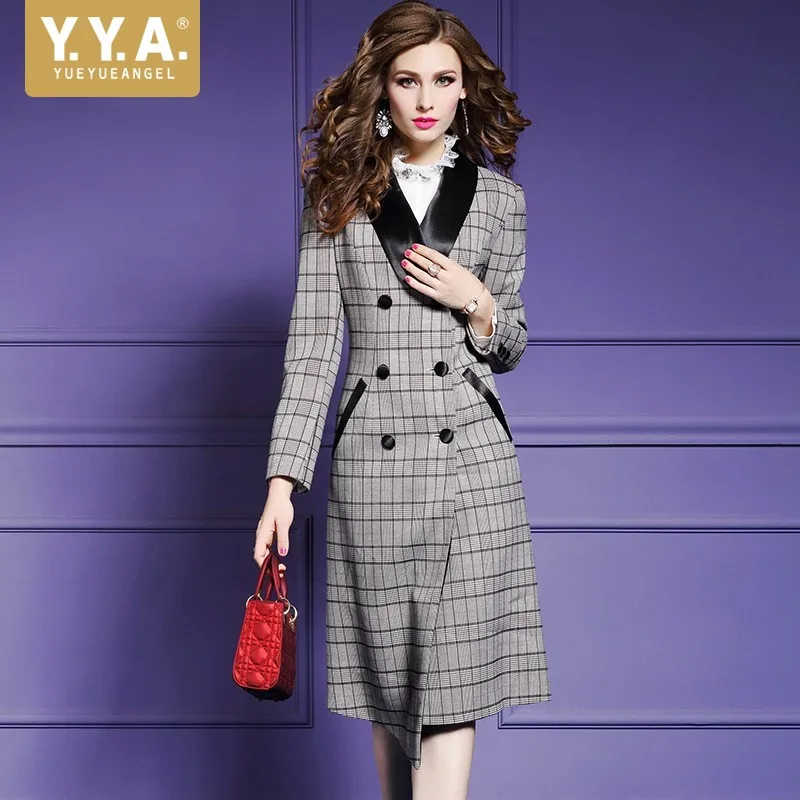 

Fashion Plaid Trench Coat Women Chic Double Breasted Irregular Slim Blend Coat Elegant Patchwork Overcoat Female Pluse Size Gray