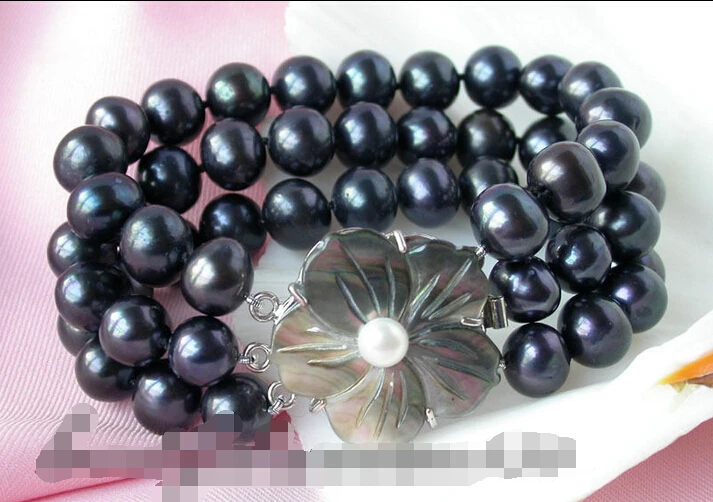 

Free shipping >>>>>>z1849 3strands 11mm round Tahitian black freshwater pearl bracelet shell