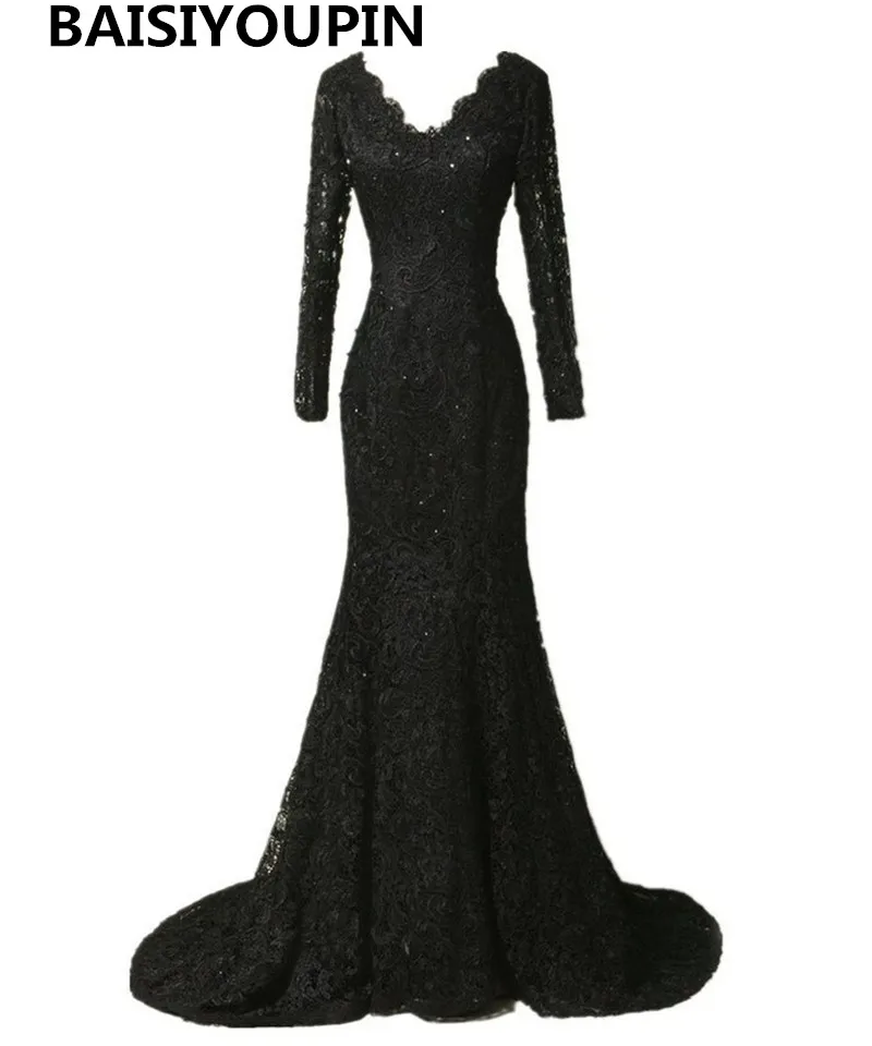 Элегантные с длинным рукавом кружево Выпускные платья 2019 черная русалка вечерние Длинные Vestidos De Festa Curto
