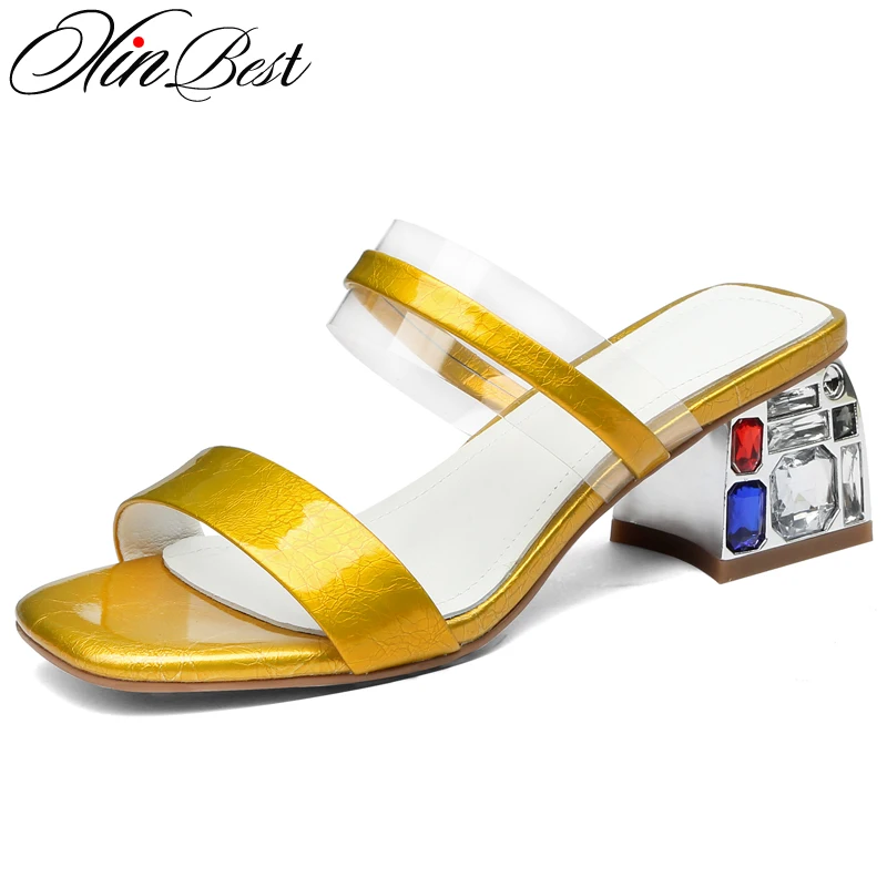 

Xinbest Fashion Crystal Women Slippers Sexy Peep Toe Outdoor Elegant Summer High Heel Shoes Square heel Square Toe Slippers 2019